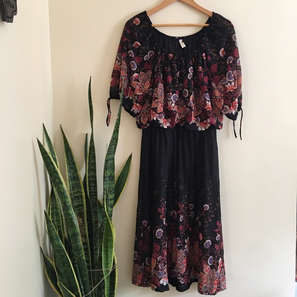 Boho Sheer Floral Dress with Elastic Waist